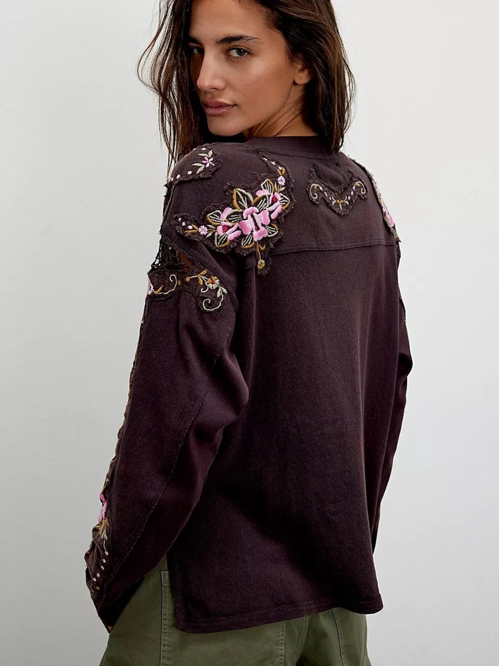 Free People Dark Brown Embroidered '72' Pullover Sweatshirt